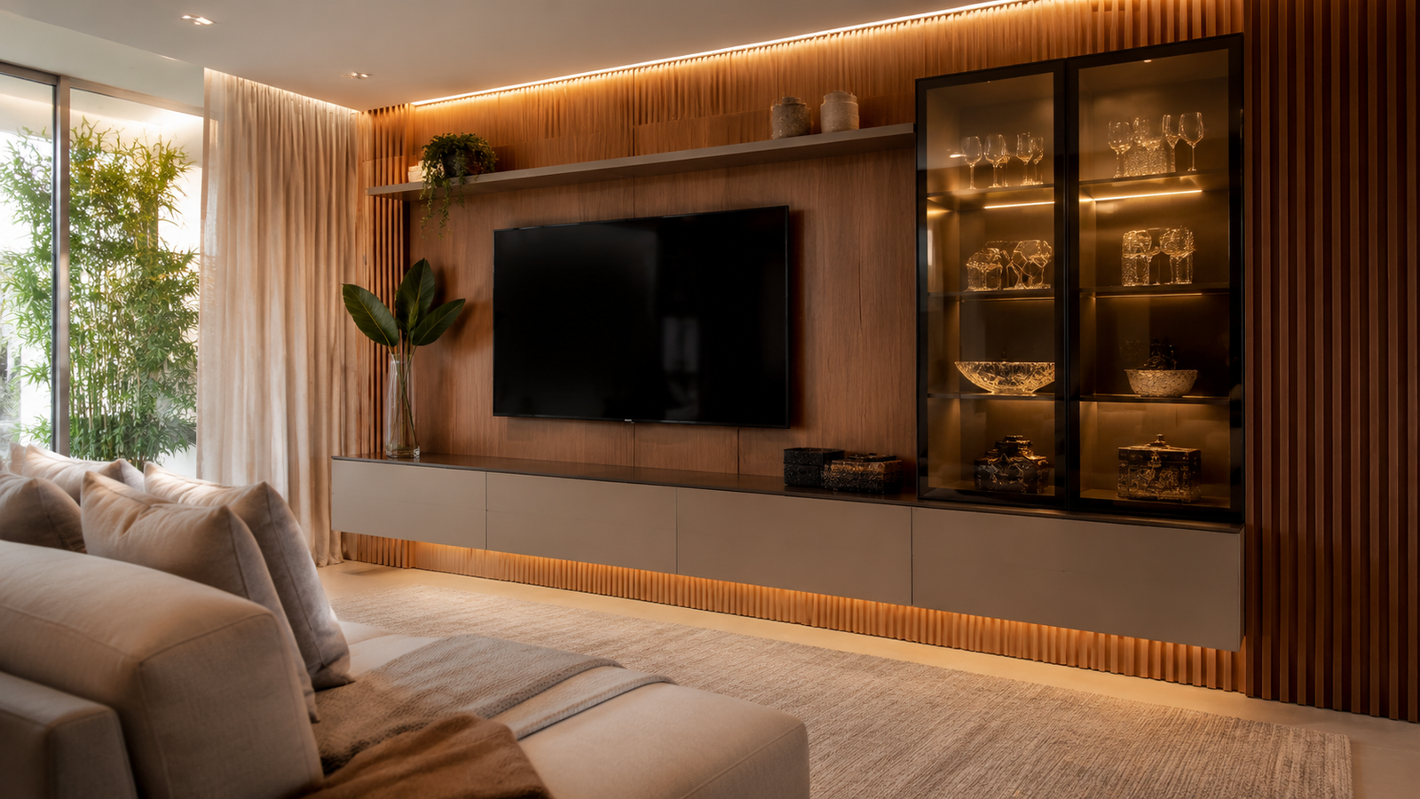 Sala com painel de TV e cristaleira planejados